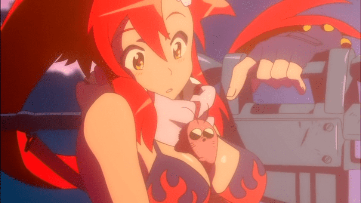 Yoko rests her rifle over her shoulder, as Boota (a mole pig) rests in her cleavage